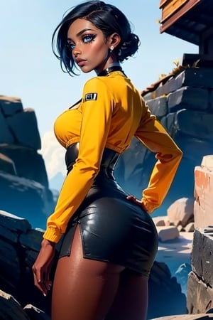 (Best quality, 32k, Masterpiece, HDR:1.2, UHD:1.2), african girl, looking at the camera, crop jacket, short skirt, black leather accessories, black leather choker on the neck, platinum dyed straight hair, dark eyes, natural_makeup, realistic makeup, ((smokey eyes)), long eyelashes, ((long fancy eyeliner)), rounded breasts 32E, detailed natural real skin texture,dark skin, wide hips, thick thighs, big ass, cinematic shot, dynamic lighting, 75mm, Technicolor, Panavision, cinemascope, sharp focus, fine details, realism, realistic, key visual, film still, cinematic color grading, depth of field, intricate details, hyper details, perfect composition, perfect anatomy, epic, 