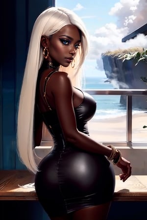 (Best quality, 32k, Masterpiece, HDR:1.2, UHD:1.2), african girl, african nostrils, african puffy lips, platinum dyed straight long hair, wide hips, thick thighs, white dress, (black leather decor, leather accessories, black leather choker), big ass, looking at the viewer, cinematic shot, dynamic lighting, 75mm, Technicolor, Panavision, cinemascope, sharp focus, fine details, realism, realistic, key visual, film still, cinematic color grading, depth of field, intricate details, hyper details, perfect composition, perfect anatomy, epic, dark eyes, natural_makeup, realistic makeup, ((smokey eyes)), long eyelashes, ((long fancy eyeliner)), platinum dyed straight hair, rounded breasts 32D, detailed natural real skin texture,dark skin,,tan,fishnet dress