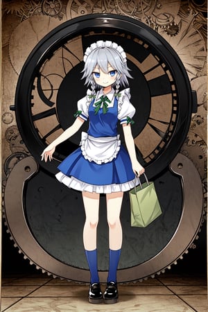 Solo, cute lady, (izayoi sakuya), closed mouth, smile, standing, full body, (clockwork theme)