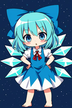 1girl, (cirno), ((chibi)), standing, :o, hands on hips, barefoot