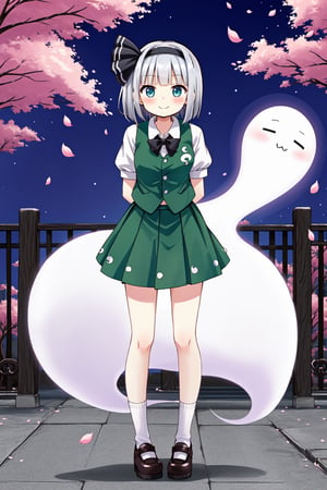 Solo, cute lady, (konpaku youmu, konpaku youmu \(ghost\)), blush, closed mouth, smile standing, (arms behind back), full body, cherry blossom petals 