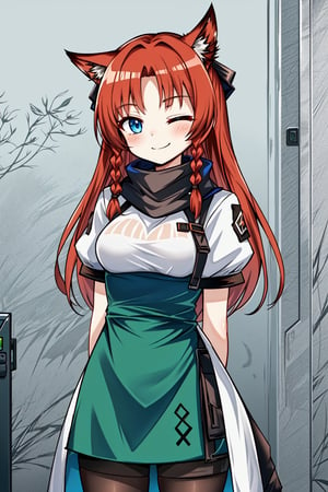 (arknights:1.3), Solo, cute lady, (hong meiling), blue eyes, one eye closed, closed mouth, smile, cowboy shot, dress, scarf, tights, (facing viewer, arms behind back)