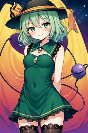 Solo, cute lady, (komeiji koishi), green eyes, half-closed eyes, (elegant dress:1.3), (tight dress), (lace trimmed dress), thighhighs, blush, closed mouth, smile, (facing viewer, arms behind back), cowboy shot, night sky