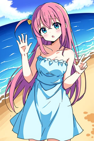 1girl, gotou hitori, medium breasts, cute, :o, head tilt, ((sundress, strapless, sleeveless)), standing, cowboy shot, waving, beach