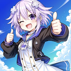 Solo, cute lady, neptune, short hair, upper body, open mouth, smile, purple eyes, one eye closed, dress, (thumbs up), sky_background