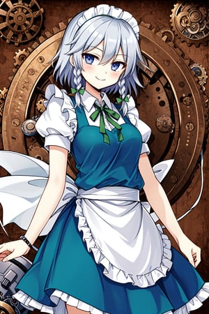 Solo, cute lady, (izayoi sakuya), closed mouth, smile, cowboy shot, (clockwork theme)