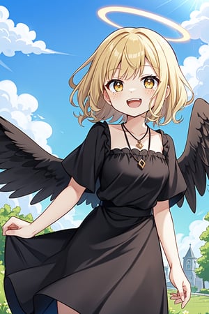 solo, cute lady, fallen angel, black halo, black angel wings, medium breasts, blonde, short hair, curly hair, yellow eyes, freckles, white pupils, emerald pendant, black dress, long skirt, open mouth, smile, cowboy shot, sky, sunny weather 