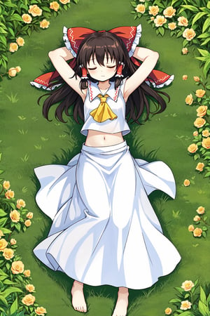 Solo, mature lady, (hakirei reimu), closed eyes, sleeping, lying, grass, flowers from above, full body, (arms behind head)