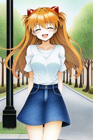 1girl, asuka langley, casual, denim skirt, cute, closed eyes, open mouth, smile, cowboy shot, arms behind back, outdoors, cityiscape, (colored pencil \(medium\):1.3), best quality