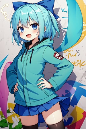 solo, cute lady, cirno, cowboy shot, parka, skirt, thighhighs, open mouth, smile, hands on hips, graffiti background 