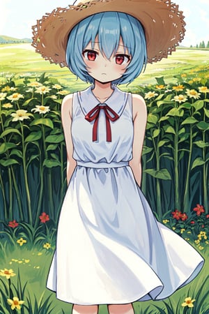 solo, cute lady, ayanami rei, short hair, red eyes, neutral expression, sundress, straw hat, cowbot shot, facing viewer, arms behind back, head tilt, meadow scenery