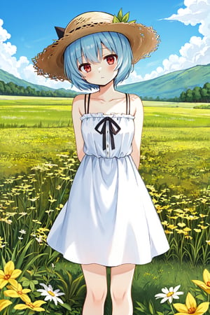 solo, cute lady, ayanami rei, short hair, red eyes, neutral expression, sundress, straw hat, cowbot shot, facing viewer, arms behind back, head tilt, meadow scenery