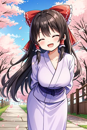 Solo, cute lady, reimu, (yukata), closed eyes, open mouth, smile, cowboy shot, (facing viewer, leaning forward), (arms behind back), cherry blossom petals, spring day