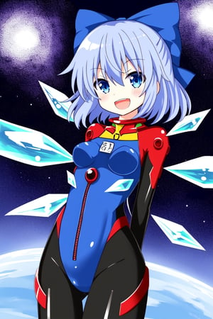 1girl, cirno,  blue eyes, cute, open mouth, smile, cowboy shot, arms behind back, bodysuit, pilot suit, evangelion plugsuit, gloves touhou, choujigen game neptune, tsunako 