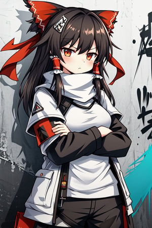 (arknights:1.3), Solo, cute lady, (hakurei reimu), grumpy, crossed arms, cowboy shot, scarf, jacket, undershirts, pants, graffiti background