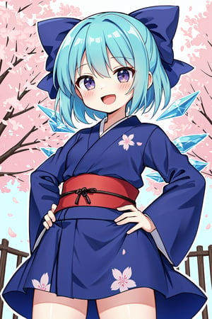 solo, cute lady, cirno cowboy shot, yukata, open mouth, smile, hands on hips, cherry blossoms 