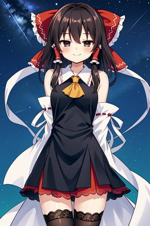 Solo, cute lady, (hakurei reimu), black eyes, half-closed eyes, (elegant dress:1.3), (tight dress), (lace trimmed dress), thighhighs, blush, closed mouth, smile, (facing viewer, arms behind back), cowboy shot, night sky