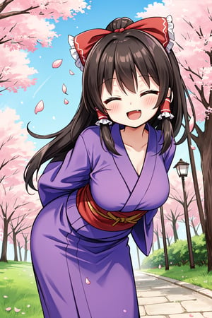 Solo, cute lady, reimu, (yukata), closed eyes, open mouth, smile, cowboy shot, (facing viewer, leaning forward), (arms behind back), cherry blossom petals, spring day