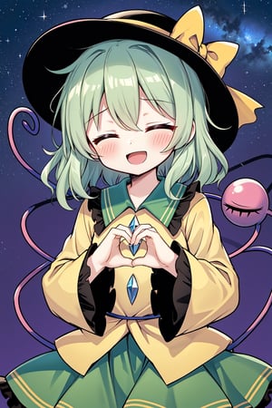 Solo, cute lady, (komeiji koishi, third eye), blush, open mouth, smile, closed eyes, (heart hands), cowboy shot, night sky, sparkle