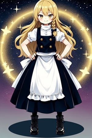 Solo, cute lady, (kirisame marisa), (long skirt), boots, closed mouth, smile, standing, full body, (facing viewer, hands on hips), stars, sparkle