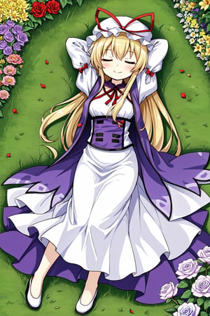 Solo, mature lady, (yakumo yukari), hat, closed eyes, sleeping, smile, lying, grass, flowers from above, full body, (arms behind head)