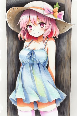 (traditional colored pencil sketch:1.3), solo, cute lady, saigyouji yuyuko, pink eyes, medium breasts, curvy, (casual sundress, sun hat, thighhighs:1.2), shy, smile, cowboy shot, facing viewer, arms behind back