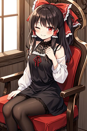 solo, cute lady, reimu, closed mouth, smile, red eyes, one eye closed, ((lace trimmed dress)), tights, sitting, facing viewer, ornate chair