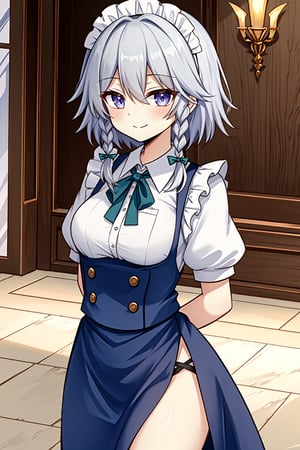 arknights, solo, mature lady, izayoi sakuya, cowboy shot, closed mouth, smile, arms behind back