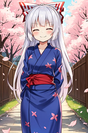 Solo, cute lady, (fujiwara no mokou), (yukata), closed eyes, closed mouth, smile, cowboy shot, (facing viewer), (arms behind back), cherry blossom petals, spring day