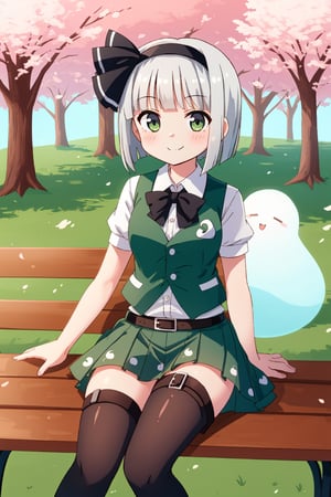 1girl, konpaku youmu, konpaku youmu \(ghost\), vest, skirt with belt, thighhighs, thigh holster, sleeveless, cute, closed mouth, smile, sitting on bench, spring day, sakura trees