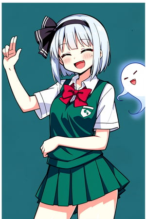 1girl, konpaku youmu, konpaku_youmu_\(ghost\), (school uniform, short sleeves), blush, closed eyes, open mouth, smile, fang, standing, cowboy shot