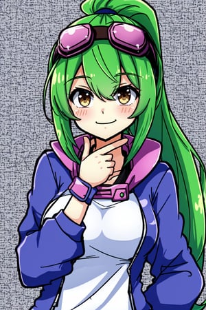 1girl, darkgreen hair, ponytail, brown eyes, medium breasts, ((head goggles)), closed mouth, smile, thinking