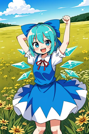 1girl, cirno, cute, happy, cheerful, arms up, fist pump, cowboy shot, meadow scenery, sparkle