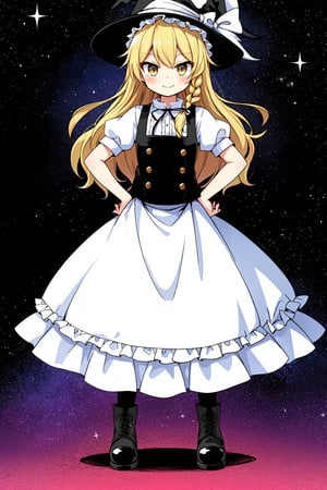 Solo, cute lady, (kirisame marisa), (long skirt), boots, closed mouth, smile, standing, full body, (facing viewer, hands on hips), stars, sparkle