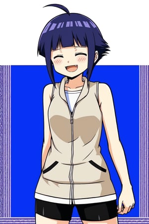 1girl, hinata, short hair, closed eyes, open mouth, smile, fang, sleeveless, vest, biker shorts, cowboy shot, arms behind back