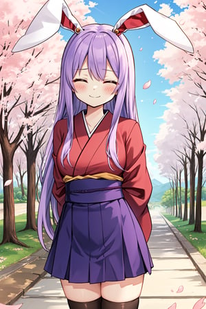 Solo, cute lady, (reisen udongein inaba), (kimono), thighhighs, closed eyes, closed mouth, smile, cowboy shot, (facing viewer), (arms behind back), cherry blossom petals, spring day