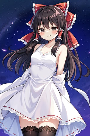 Solo, cute lady, (hakurei reimu), black eyes, half-closed eyes, (elegant dress:1.3), (tight dress), (lace trimmed dress), thighhighs, blush, closed mouth, smile, (facing viewer, arms behind back), cowboy shot, night sky