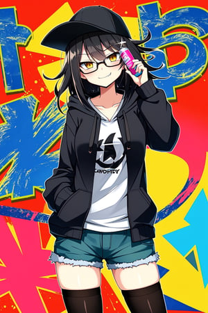 1girl, medium breasts, black hair, long hair. messy hair, smug, smirk, yellow eyes, glasses, snapback, hoodie, shorts, thighhighs, standing, cowboy shot, holding spray paint can, urban, graffiti