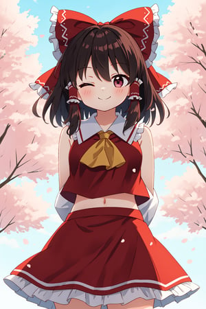 1girl, reimu, sleeveless, cute, closed mouth, smile, one eye closed, arms behind back, cowboy shot, standing, spring day, sakura trees