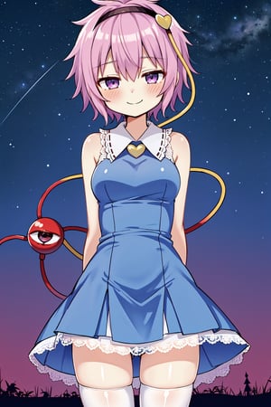 Solo, mature lady, (komeiji satori), medium breasts, purple eyes, half-closed eyes, (elegant dress:1.3), (tight dress), (lace trimmed dress), thighhighs, blush, closed mouth, smile, (facing viewer, arms behind back), cowboy shot, night sky