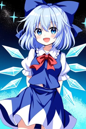 1girl, cirno,  blue eyes, cute, open mouth, smile, cowboy shot, arms behind back, cool monster hunter outfit, touhou, choujigen game neptune, tsunako 