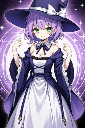 1girl, petite, lightpurple hair, short hair, (messy hair), green eyes, small breasts, cleavage, ((long dress, ribbon, hat)), closed mouth, smile, cowboy shot, (purple theme, alchemy theme, magic theme, sparkle)