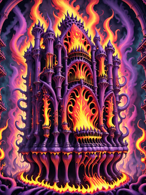 A demon possessed hellish pipe organ, playing itself with psychedelic flames shooting out of the pipes, phantoms, gothic, best quality, CartooNuclear Meltdown style 