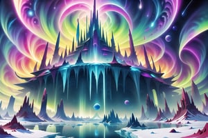 A cosmic landscape scene of an alien ice frozen world with vivid rich colors and ancient alien temple ruins, colorful world, crazy auroras in star filled sky, skeletal spires spiraling, psychedelic colorscape, cosmic creatures, best quality, perfect detail, vivid color saturation, masterpiece, absurdres, Psychedelic alien worlds, sprawling cosmic colorscapes, Crazy psychedelic enhanced cosmic colorscapes,Psychedelic alien worlds ,Sprawling cosmic colorscapes ,Psychedelic alien worlds