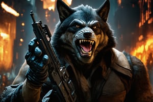 A close-up shot of a solo, ruggedly handsome wolf-man gazing directly at the viewer with an open-mouthed expression exposing his fangs. He wears gloves and his ears are up on high alert. In one hand, he grasps a weapon, specifically a assault rifle or shotgun, emphasizing his role as a mercenary. The furry male's intense stare seems to pierce through the frame, drawing attention to his feral yet masculine features.in the retro futuristic cyberounk mega city style setting,Claymutation