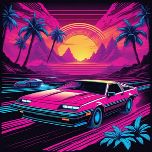 High speed high octane insane 80s outrun retro car chase scene in vivid 80s psychedelic vector laser line art style with vivid synthwave psychedelic vibes,

,Disastartoon