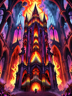 A crazy man playing a demon possessed hellish pipe organ, inside a creepy cathedral, with psychedelic flames shooting out of the pipes, phantoms, gothic, best quality, CartooNuclear Meltdown style 