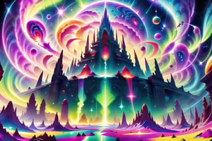 A cosmic landscape scene of an alien world with vivid rich colors and ancient alien temple ruins, colorful world, crazy auroras in star filled sky, skeletal spires spiraling, psychedelic colorscape, cosmic creatures, best quality, perfect detail, vivid color saturation, masterpiece, absurdres, Psychedelic alien worlds, sprawling cosmic colorscapes, Crazy psychedelic enhanced cosmic colorscapes,Psychedelic alien worlds ,Sprawling cosmic colorscapes 