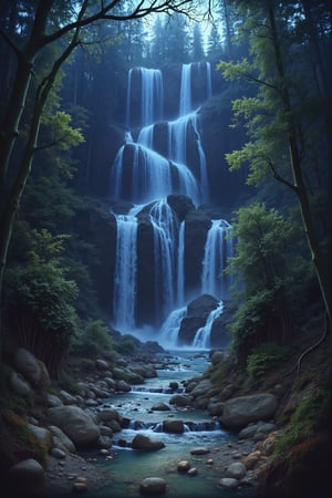 Waterfall in secluded glade, peaceful, mesmerizing, enchanting, hypnotic, beautiful, fantasy, magic, spiritual, esoteric 