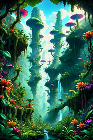 A truly bizarre and beautiful vast breathtaking scene appears before your eyes, envision emerging from a dense jungle canopy to the ledge of a towering cliff overlooking a crazy psychedelic otherworldly alien jungle valley, with lush tropical extraterrestrial jungle overgrowth, crazy colored trippy vines and giant wacky carnivorous plants, a radiant shimmering waterfall from a distant world, bizarre alien jungle creatures and flora and fauna, a central ancient overgrown alien temple to a forgotten god spires up from the entanglement of indigenous color vines, as if reaching towarda the astonishingly beautiful jungle sunset sky full of cascading brilliance of sunset colors, as far as the eye can see vibrant lush dense beautiful jungle tropical towering trees and plants and cliffs litter the horizon, and all around you are the most colorful beautiful tropical cosmic flowers and blooming oddities of the plant kingdom on this far away wild untamed jungle planet, ultra-detailed, ultra awesome trippy colors, absurdres so absurd resolution, best quality, sharp clear and defined yet a trippy psychedelic overtone brings it all together perfectly blended to smooth eye pleasing perfection, flawless, exotic, lush magical cosmic enchanted psychedelic dense tropical rainforest jungle world, psychedelic alien worlds, sprawling cosmic colorscapes ,Forest 